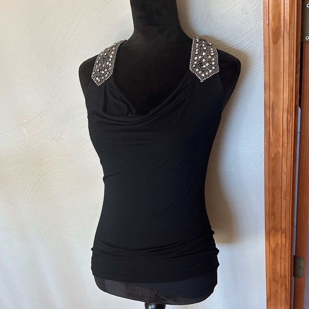 White House Black Market Black Top with Embellished Shoulders